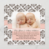 双生児のダマスク織のベビーの発表のピンクおよびブラウン 案内状 (正面/裏面)