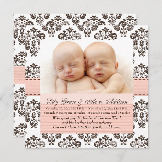 双生児のダマスク織のベビーの発表のピンクおよびブラウン 案内状 (正面/裏面)
