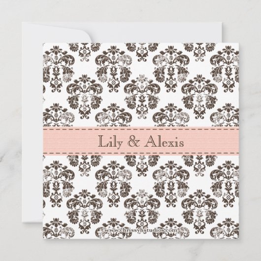 双生児のダマスク織のベビーの発表のピンクおよびブラウン 案内状 (裏面)