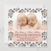 双生児のダマスク織のベビーの発表のピンクおよびブラウン 案内状 (正面)