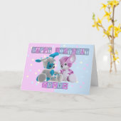 双生児のバースデー・カード-ピンクおよび青 カード (黄色い花)