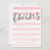 双生児のピンクのストライプのなベビーシャワーの招待状 招待状 (正面)