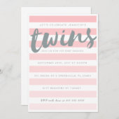 双生児のピンクのストライプのなベビーシャワーの招待状 招待状 (正面/裏面)