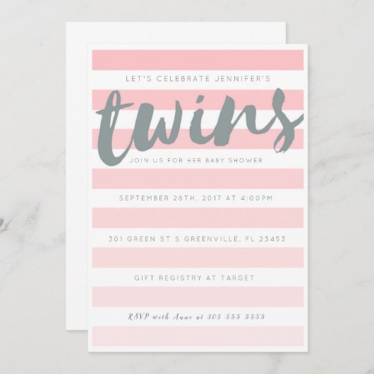 双生児のピンクのストライプのなベビーシャワーの招待状 招待状 (正面/裏面)