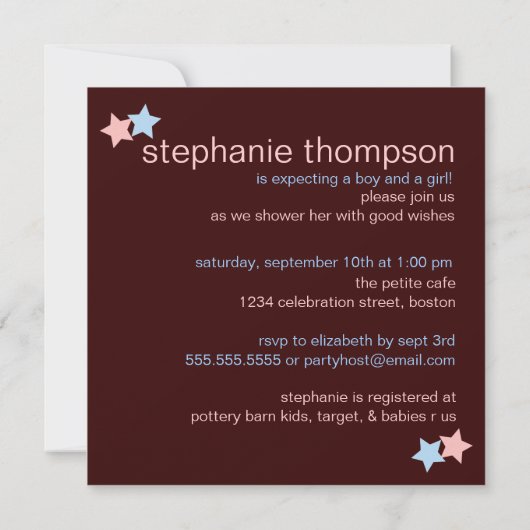 双生児のピンクの茶色がかった鋼色のベビーシャワー 招待状 (裏面)