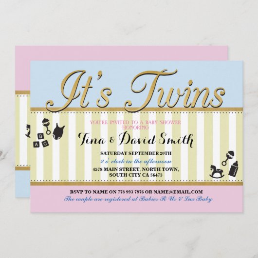 双生児のピンクの青い金ゴールドの男の子の女の子のベビーシャワーの招待 招待状 (正面/裏面)