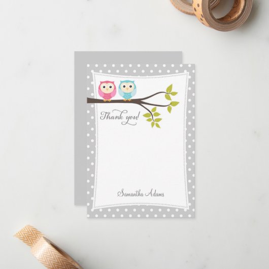 双生児のフクロウのサンキューカード(灰色) ノートカード (正面/裏面インサイチュ)