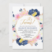 双生児のベビーシャワーの女の子および男の子の花の水彩画 招待状 (正面)