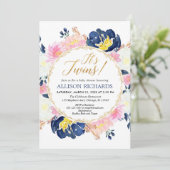 双生児のベビーシャワーの女の子および男の子の花の水彩画 招待状 (スタンド正面)