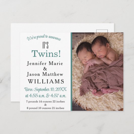 双生児のモダンティール(緑がかった色)写真誕生のお知らせ 案内ポストカード (正面/裏面)