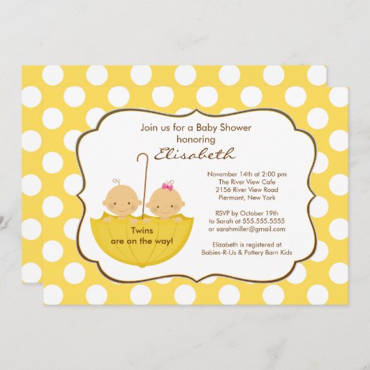 双生児の傘のベビーシャワーの招待状の黄色 招待状 (正面/裏面)