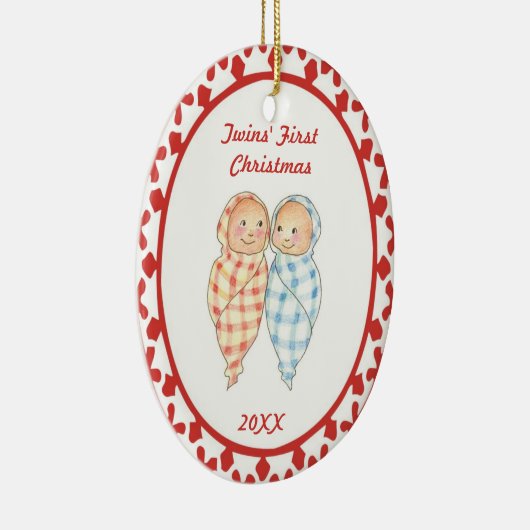 双生児の初めてのクリスマスの包まれたなベビーの楕円形のオーナメント セラミックオーナメント (右)
