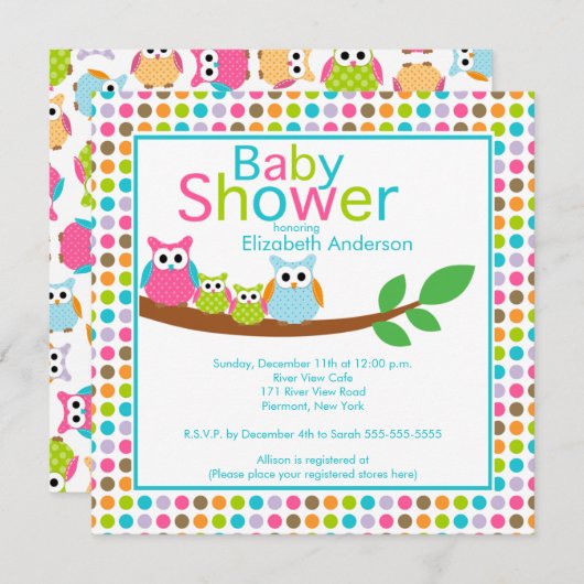 双生児の多数のベビーシャワーを持つお母さん及びパパのフクロウ 招待状 (正面/裏面)
