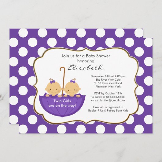 双生児の女の子の傘のベビーシャワーの招待状の紫色 招待状 (正面/裏面)