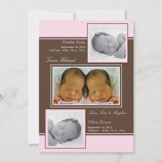 双生児の女の子の女の子の誕生の発表 案内状 (正面)