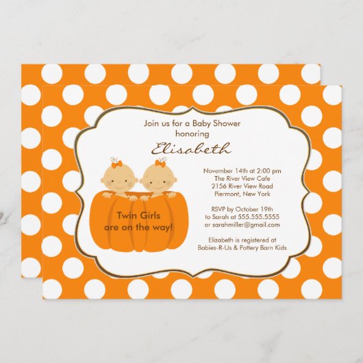 双生児の女の子の秋のカボチャベビーシャワーの招待状 招待状 (正面/裏面)