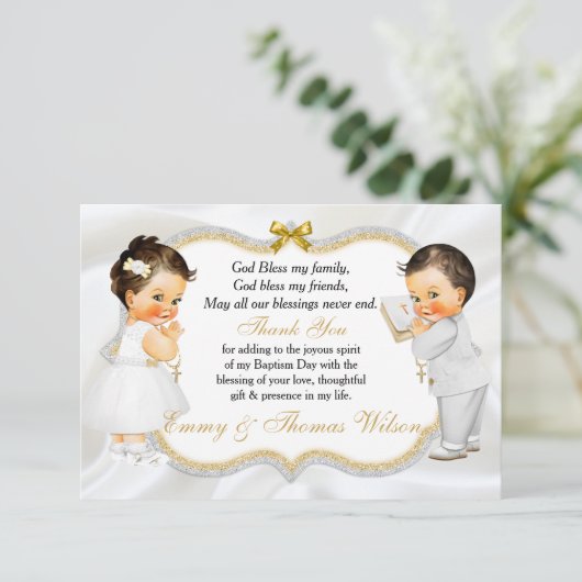 双生児の女の赤ちゃんの男の子の洗礼の金ゴールドの十字は感謝していしています サンキューカード (スタンド正面)