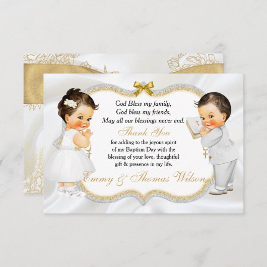 双生児の女の赤ちゃんの男の子の洗礼の金ゴールドの十字は感謝していしています サンキューカード (正面/裏面)