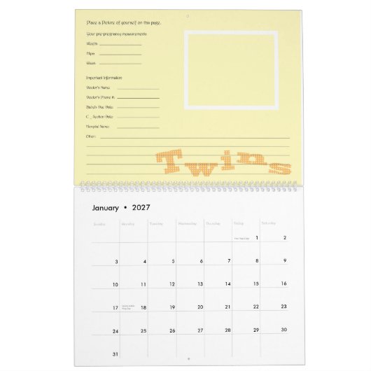 双生児の妊娠のカレンダー カレンダー (1月 2027)