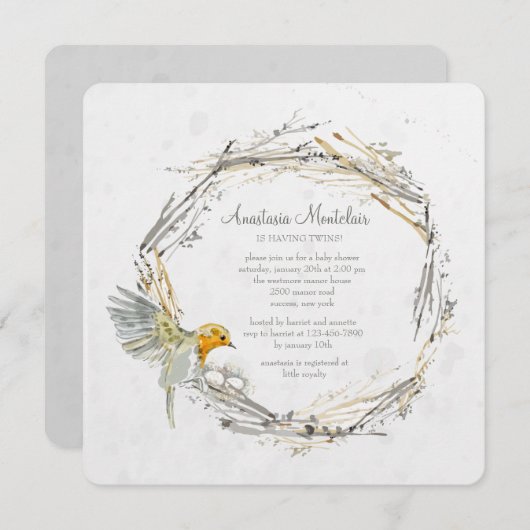 双生児の巣のベビーシャワーの招待状 招待状 (正面/裏面)
