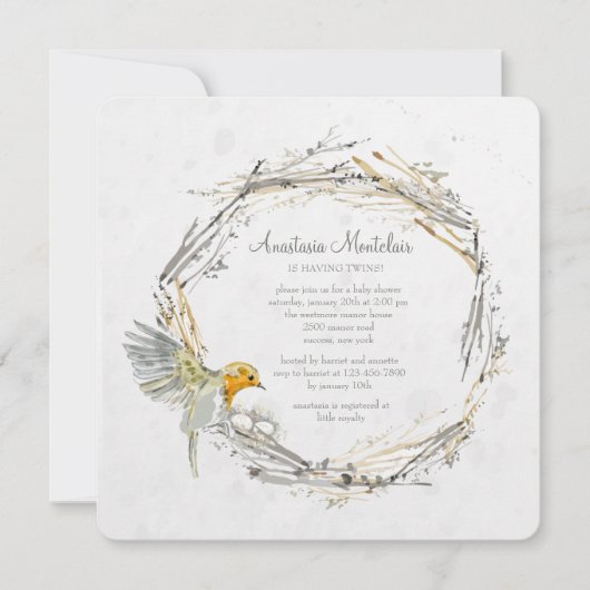 双生児の巣のベビーシャワーの招待状 招待状 (正面)
