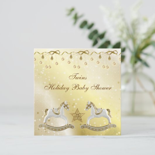 双生児の揺り木馬の中立クリスマスのベビーシャワー 招待状 (スタンド正面)