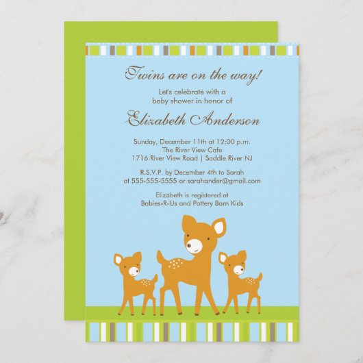 双生児の森林ベビーのシカのベビーシャワーの招待状 招待状 (正面/裏面)
