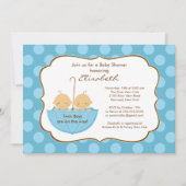 双生児の男の子の傘のベビーシャワーの招待状の青 招待状 (正面)