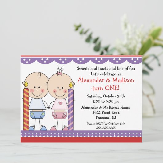 双生児の第1誕生日の招待状 招待状 (スタンド正面)