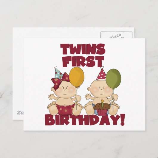 双生児の第1誕生日の男の子か女の子のTシャツおよびギフト ポストカード (正面/裏面)