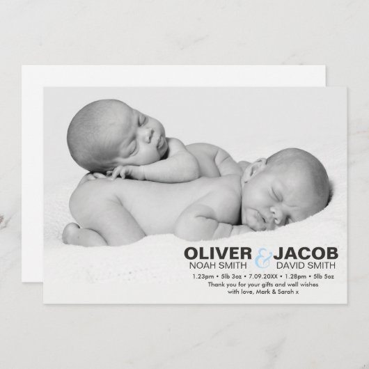 双生児の誕生の発表かサンキューカード サンキューカード (正面/裏面)