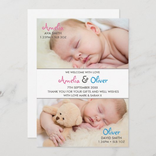 双生児の誕生の発表かサンキューカード サンキューカード (正面/裏面)