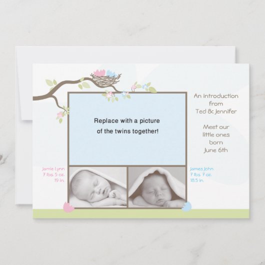 双生児の誕生の発表-男の赤ちゃん及び女の子 案内状 (正面)