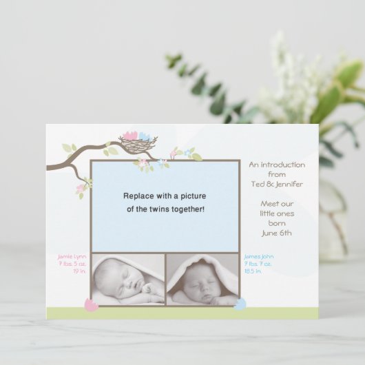 双生児の誕生の発表-男の赤ちゃん及び女の子 案内状 (スタンド正面)