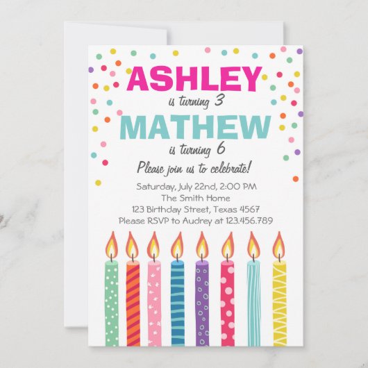 双生児の誕生日パーティーへの招待双生児デュアル 招待状 (正面)