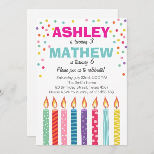 双生児の誕生日パーティーへの招待双生児デュアル 招待状 (正面/裏面)