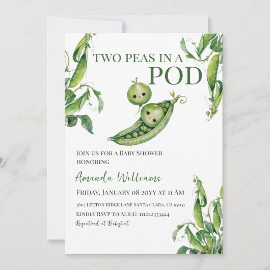 双生児の赤ちゃん男女兼用シャワーの2つの豆 招待状 (正面)