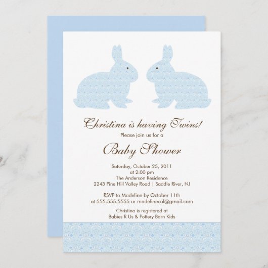 双生児の青いダマスク織のバニーのベビーシャワーの招待状 招待状 (正面/裏面)