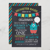 双生児の黒板モンスターの第1誕生日の招待状 招待状 (正面/裏面)