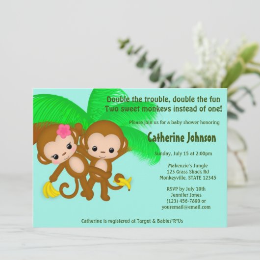 双生児はベビーシャワー招待状の男の子の女の子をまねます 招待状 (スタンド正面)