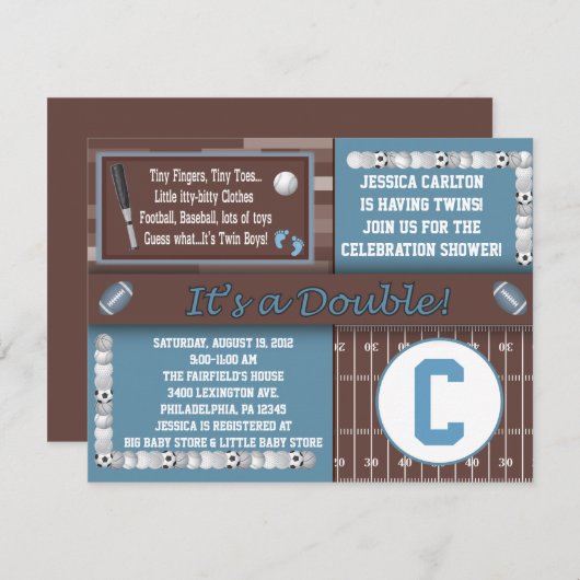双生児はベビーシャワー招待状を遊ばします 招待状 (正面/裏面)