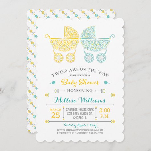 双生児は方法にあります! 双生児のベビーシャワーの招待状 招待状 (正面/裏面)