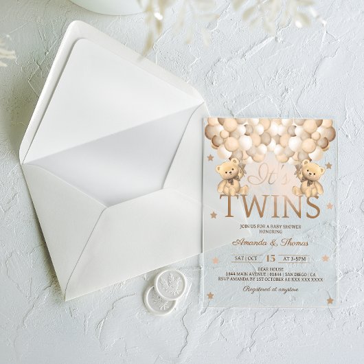 双生児クマとニュートラルバルーン赤ちゃんシャワー アクリル招待状
