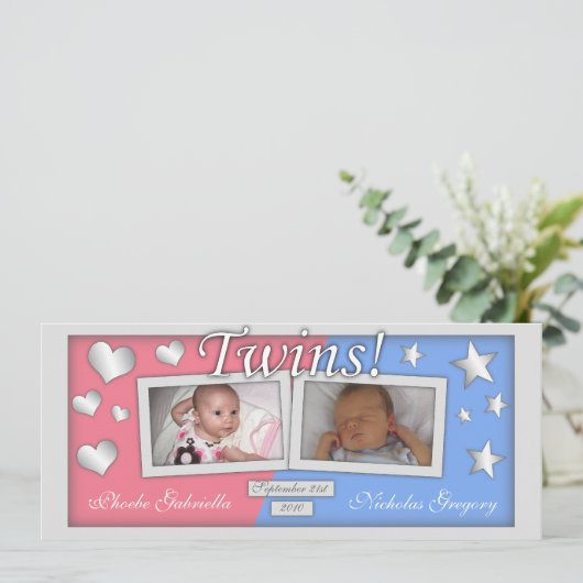 双生児女の子及び男の子の誕生の発表 案内状 (スタンド正面)