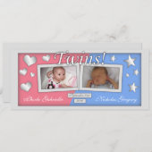 双生児女の子及び男の子の誕生の発表 案内状 (正面/裏面)