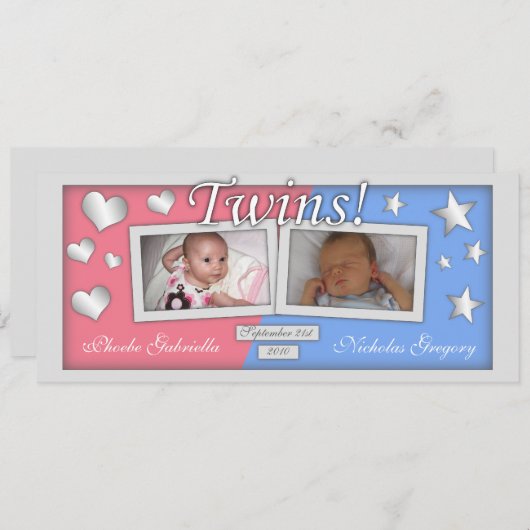 双生児女の子及び男の子の誕生の発表 案内状 (正面/裏面)