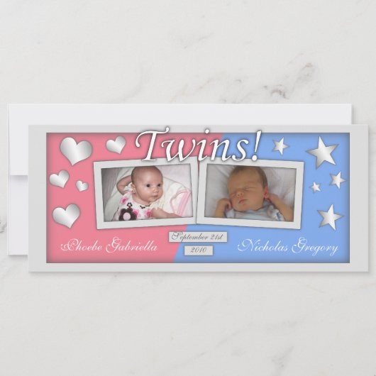 双生児女の子及び男の子の誕生の発表 案内状 (正面)