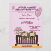 双生児猿のベビーシャワーの招待状のまぐさ桶の蘭 招待状 (正面/裏面)