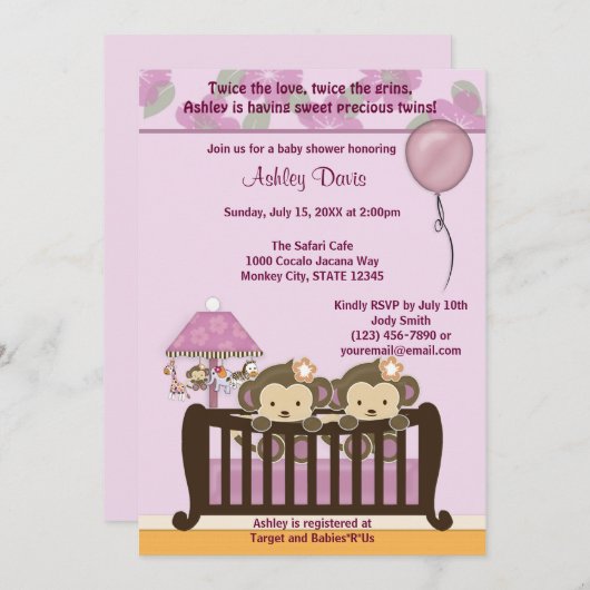 双生児猿のベビーシャワーの招待状のまぐさ桶の蘭 招待状 (正面/裏面)