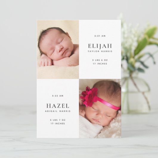 双生児生まれたばかりのの写真誕生のお知らせ 招待状 (スタンド正面)